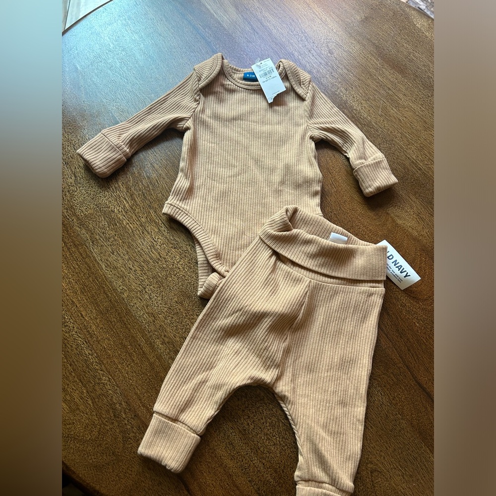 Old Navy Ribbed Tan Baby One-Piece with Matching Pants Set